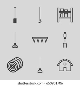 Farming icons set. set of 9 farming outline icons such as hay, barn, pitchfork, plowing tool, hoe