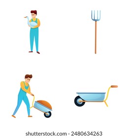 Farming icons set cartoon vector. Agriculture worker produce food product. Poultry farming, agriculture