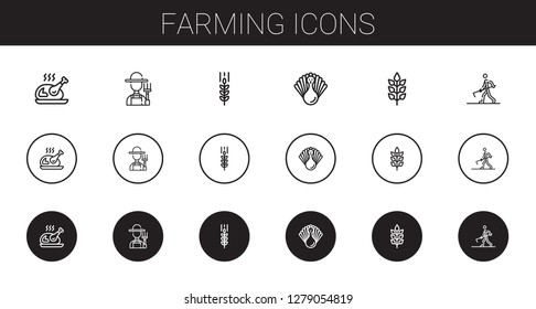 farming icons set. Collection of farming with turkey, farmer, wheat, farmer hoeing. Editable and scalable farming icons.
