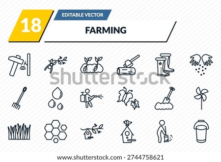 farming icons set - hammering, pruning shears, germination, brooming, pail outline vector collection.