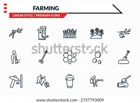 farming icons set - pruning shears, boot shoes, brooming, pail, wood cutting outline vector collection.