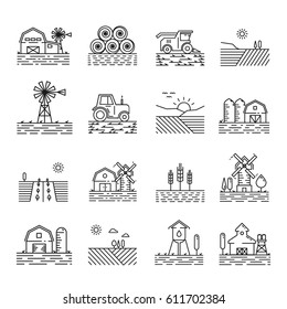 Farming icons in a thin linear style. Sign of farming fields, buildings and machinery in outline. Modern simple icon landscapes farming on white background.