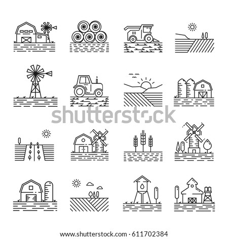 Farming icons in a thin linear style. Sign of farming fields, buildings and machinery in outline. Modern simple icon landscapes farming on white background.