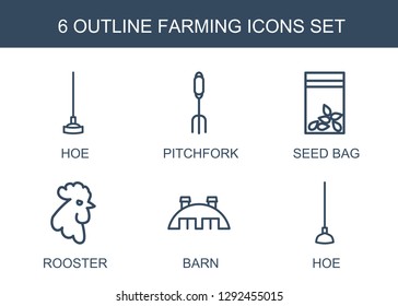 farming icons. Trendy 6 farming icons. Contain icons such as hoe, pitchfork, seed bag, rooster, barn. farming icon for web and mobile.