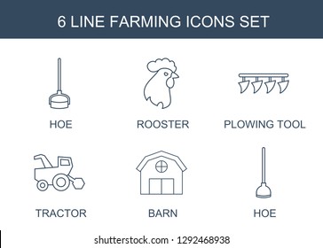 farming icons. Trendy 6 farming icons. Contain icons such as hoe, rooster, plowing tool, tractor, barn. farming icon for web and mobile.