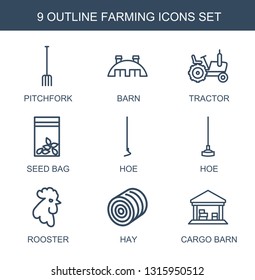 farming icons. Trendy 9 farming icons. Contain icons such as pitchfork, barn, tractor, seed bag, hoe, rooster, hay, cargo barn. farming icon for web and mobile.