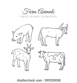 Farming illustration. Vector farm elements. Hand drawn farm animals. Hand sketched pig, cow, goat and bull. Farm animals illustration, farm pig, farming elements, farm cow, cow vector illustration.