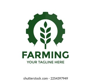 Farming Industry. Agriculture symbol with ears of wheat on an industrial gear or cog. Agriculture engineering, wheat with gear, food production vector design and illustration.