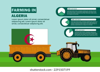 Agrarindustrie in Algerien, Infografik mit Traktor und Anhänger, Ackerbau und Landwirtschaft, Agromotor und Plantagen mit algerischer Flagge, Agrarfeld mit Traktor