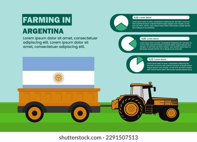 Farming industry in Argentina, pie chart infographics with tractor and trailer, farming and agriculture idea, agrimotor and plantation with Argentina flag, agricultural field with tractor