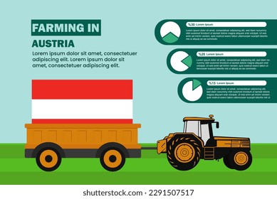 Agrarindustrie in Österreich, Infografik mit Traktor und Anhänger, Landwirtschafts- und Landwirtschaftsidee, Agromotor und Plantage mit österreichischer Flagge, Agrarfeld mit Traktor