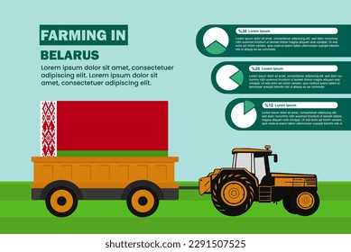 Industria agropecuaria en Bielorrusia, gráfico circular infografía con tractor y remolque, idea agrícola y agrícola, agromotor y plantación con bandera de Bielorrusia, campo agrícola con tractor