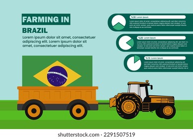 Industria agropecuaria en Brasil, infografía de gráfico circular con tractor y remolque, idea agrícola y agrícola, agromotor y plantación con bandera brasileña, campo agrícola con tractor