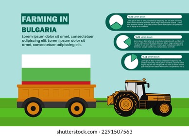 Industria agropecuaria en Bulgaria, gráfico circular infografía con tractor y remolque, idea agrícola y agrícola, agromotor y plantación con bandera búlgara, campo agrícola con tractor
