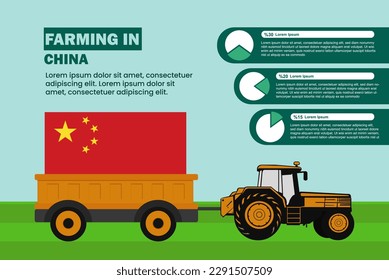 Farming industry in China, pie chart infographics with tractor and trailer, farming and agriculture idea, agrimotor and plantation with China flag, agricultural field with tractor