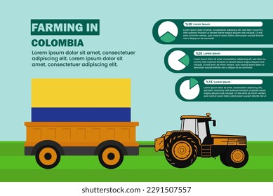Industria agropecuaria en Colombia, gráfico circular infografía con tractor y remolque, idea agrícola y agrícola, agromotor y plantación con bandera colombiana, campo agrícola con tractor