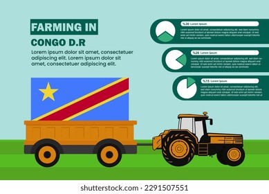 Farming industry in Congo Democratic Republic, pie chart infographics with tractor and trailer, farming and agriculture idea, agrimotor and plantation with Congo flag, agricultural field with tractor