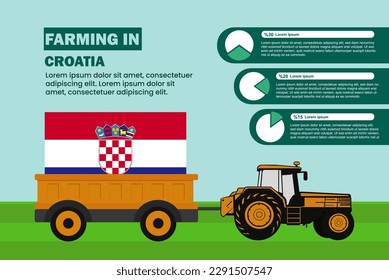 Farming industry in Croatia, pie chart infographics with tractor and trailer, farming and agriculture idea, agrimotor and plantation with Croatia flag, agricultural field with tractor