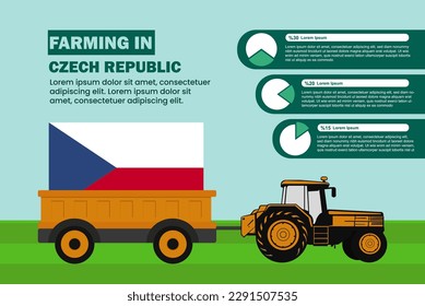 Farming industry in Czech Republic, pie chart infographics with tractor and trailer, farming and agriculture idea, agrimotor and plantation with Czech Republic flag, agricultural field with tractor