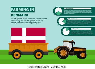 Farming industry in Denmark, pie chart infographics with tractor and trailer, farming and agriculture idea, agrimotor and plantation with Denmark flag, agricultural field with tractor