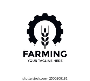 Farming Industry. Ears of wheat on an industrial gear or cog. Agriculture engineering, wheat with gear, food production vector design and illustration.
