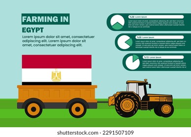 Agrarindustrie in Ägypten, Infografik mit Traktor und Anhänger, Ackerbau und Landwirtschaft, Agromotor und Plantagen mit ägyptischer Flagge, Agrarfeld mit Traktor