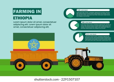 Farming industry in Ethiopia, pie chart infographics with tractor and trailer, farming and agriculture idea, agrimotor and plantation with Ethiopia flag, agricultural field with tractor
