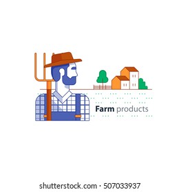 Farming industry, farmer with fork, farm house, country side. Flat design vector illustration. Farmer side view