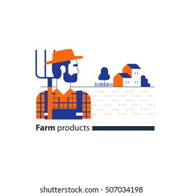 Farming industry, farmer with fork, farm house, country side. Flat design vector illustration. Farmer side view