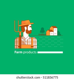 Farming industry, farmer with fork, farm house, country side. Flat design vector illustration. Farmer side view