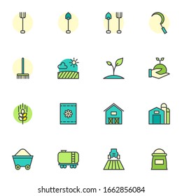 Farming industry filled outline icons set, line vector symbol collection, gardening linear colorful pictogram pack. Signs, logo illustration, Set includes icons as shovel, plant growth, barn warehouse