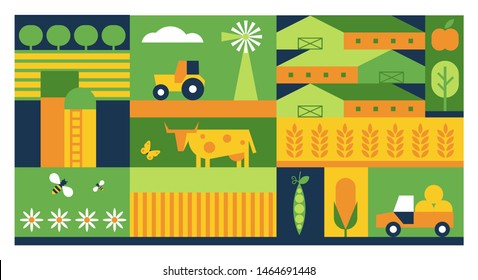 Farming industry flat vector background. Agriculture business color cartoon backdrop. Farmland fields, plants cultivation, industrial tractors machinery illustration. Meadows, cattle husbandry