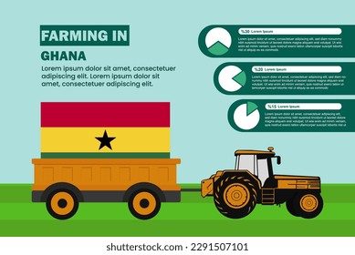 Farming industry in Ghana, pie chart infographics with tractor and trailer, farming and agriculture idea, agrimotor and plantation with Ghana flag, agricultural field with tractor