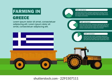 Farming industry in Greece, pie chart infographics with tractor and trailer, farming and agriculture idea, agrimotor and plantation with Greece flag, agricultural field with tractor
