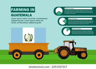 Farming industry in Guatemala, pie chart infographics with tractor and trailer, farming and agriculture idea, agrimotor and plantation with Guatemala flag, agricultural field with tractor