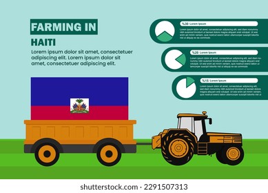 Farming industry in Haiti, pie chart infographics with tractor and trailer, farming and agriculture idea, agrimotor and plantation with Haiti flag, agricultural field with tractor