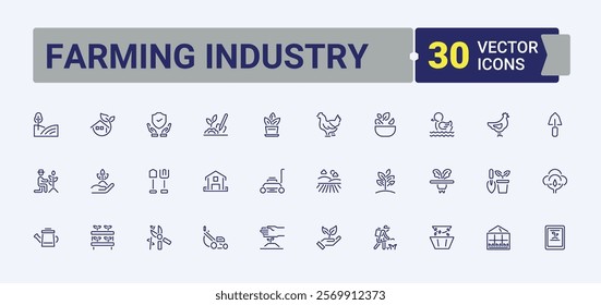 Farming Industry icons set in linear style. Contains such icons as land, egg, organic, garden, windmill and more. Minimal linear icons. Editable vector stroke.