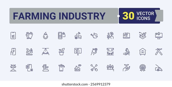 Farming Industry icons set in linear style. Contains such icons as land, egg, organic, garden, windmill and more. Minimal linear icons. Editable vector stroke.