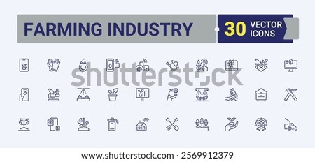 Farming Industry icons set in linear style. Contains such icons as land, egg, organic, garden, windmill and more. Minimal linear icons. Editable vector stroke.