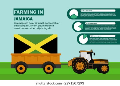 Farming industry in Jamaica, pie chart infographics with tractor and trailer, farming and agriculture idea, agrimotor and plantation with Jamaica flag, agricultural field with tractor