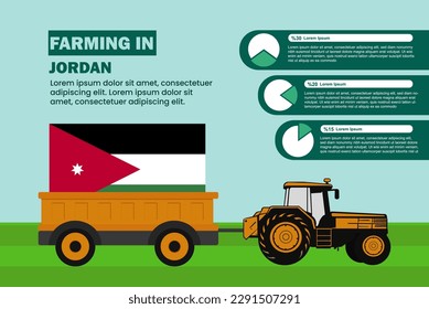 Farming industry in Jordan, pie chart infographics with tractor and trailer, farming and agriculture idea, agrimotor and plantation with Jordan flag, agricultural field with tractor