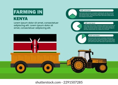 Farming industry in Kenya, pie chart infographics with tractor and trailer, farming and agriculture idea, agrimotor and plantation with Kenya flag, agricultural field with tractor