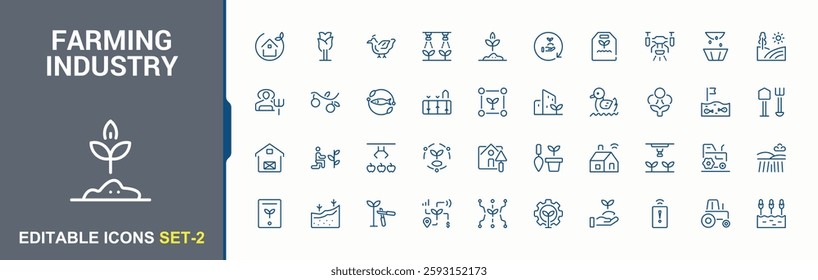 Farming industry linear icon collection. Contains related to tractor, plantation, egg, gardening, land, veg, farmer and more. Pixel perfect. Minimalist editable vector icon and illustration.