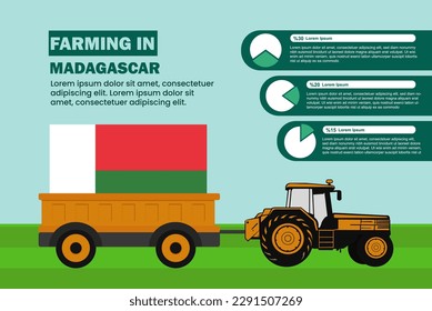 Agrarindustrie in Madagaskar, Infografik mit Traktor und Anhänger, Ackerbau und Landwirtschaft, Agromotor und Plantagen mit Madagaskar-Flagge, Agrarfeld mit Traktor