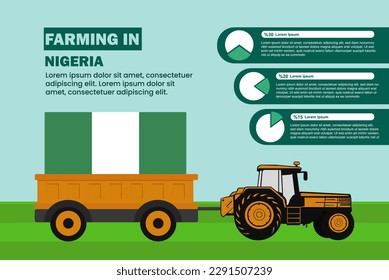 Farming industry in Nigeria, pie chart infographics with tractor and trailer, farming and agriculture idea, agrimotor and plantation with Nigeria flag, agricultural field with tractor