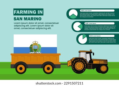 Farming industry in San Marino, pie chart infographics with tractor and trailer, farming and agriculture idea, agrimotor and plantation with San Marino flag, agricultural field with tractor