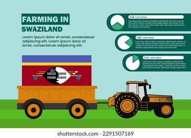 Industria agropecuaria en Suazilandia, gráfico circular infografía con tractores y remolques, idea agrícola y agrícola, agromotor y plantación con bandera de Suazilandia, campo agrícola con tractor