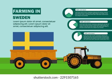 Farming industry in Sweden, pie chart infographics with tractor and trailer, farming and agriculture idea, agrimotor and plantation with Sweden flag, agricultural field with tractor