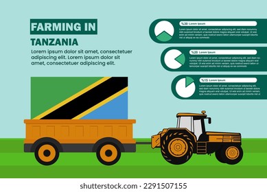 Industria agropecuaria en Tanzania, gráfico circular infografía con tractor y remolque, idea agrícola y agrícola, agromotor y plantación con bandera tanzana, campo agrícola con tractor