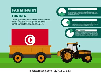 Farming industry in Tunisia, pie chart infographics with tractor and trailer, farming and agriculture idea, agrimotor and plantation with Tunisia flag, agricultural field with tractor